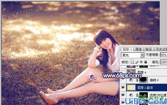 Photoshop图片调色教程：给草地上自拍的女生唯美小清新照片调出秋季蓝红