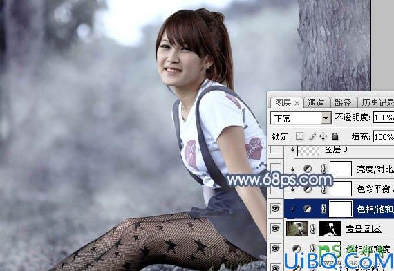 Photoshop给可爱迷人的小女人黑丝性感图片调出唯美的中性蓝色效