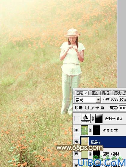 Photoshop给花草甸中的未成年少女写真照调出甜美的韩系粉红色