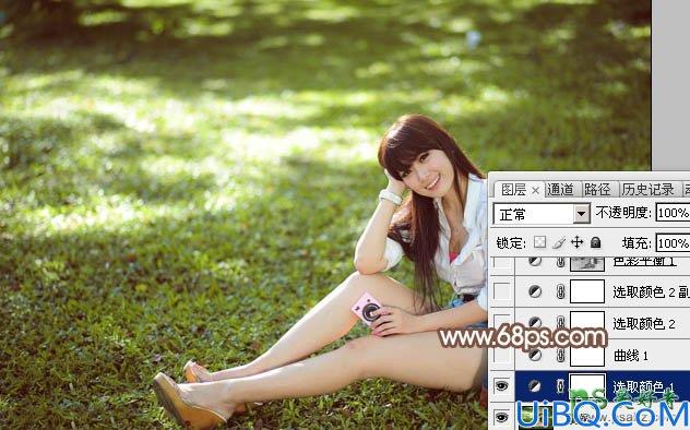 Photoshop给草地上自拍的唯美少女写真照调出阳光淡褐色效果