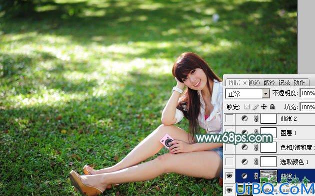 photoshop给草地上自拍的mm高清图片 艺术照片调出唯美的青色效果