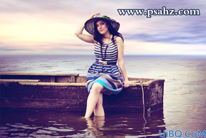 Photoshop图片调色教程：将普通海景欧美少女写真照调出梦幻的日落紫色调