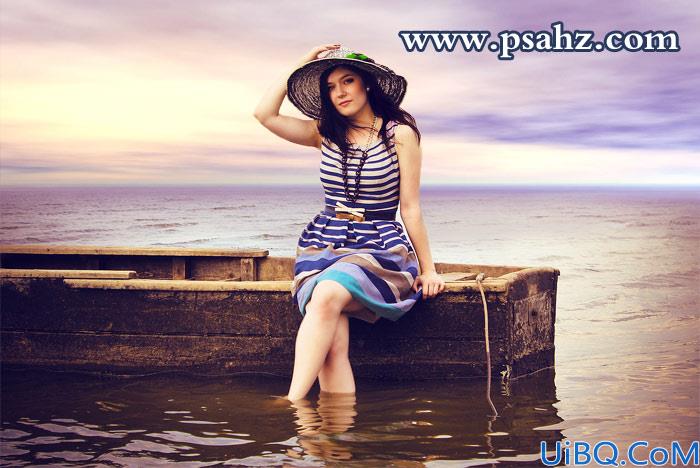 Photoshop图片调色教程：将普通海景欧美少女写真照调出梦幻的日落紫色调