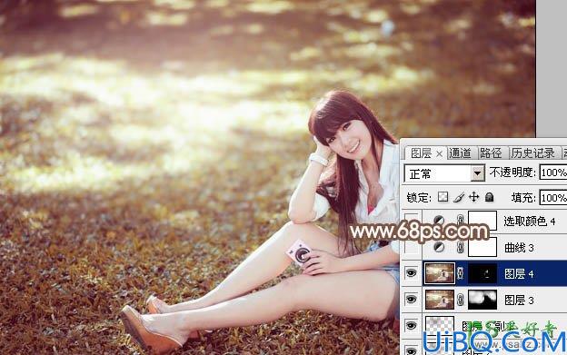 Photoshop给草地上自拍的唯美少女写真照调出阳光淡褐色效果