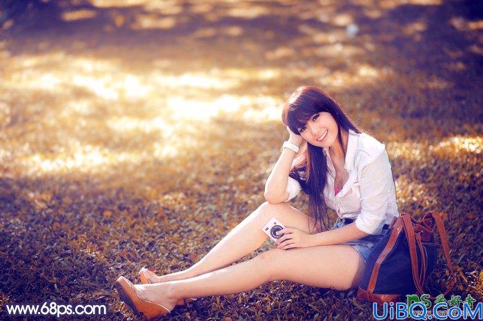 Photoshop图片调色教程：给草地上自拍的女生唯美小清新照片调出秋季蓝红