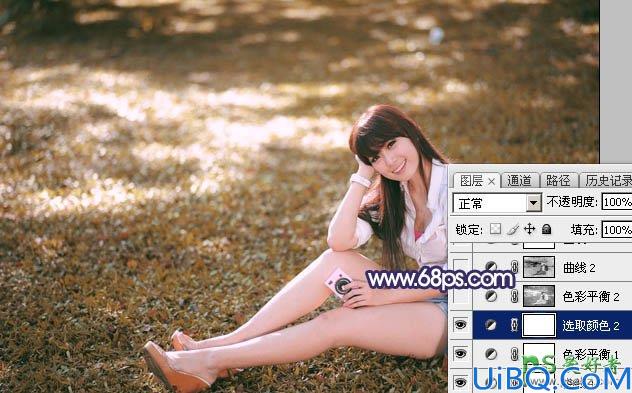 Photoshop图片调色教程：给草地上自拍的女生唯美小清新照片调出秋季蓝红
