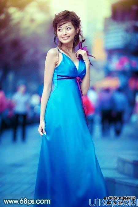 Photoshop美女照片调色教程：给可爱的街景美女照调出时尚的青蓝色