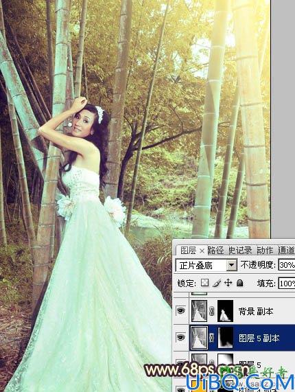 Photoshop调色教程：给竹林中的柔美少女婚纱艺术照调出暖色效果