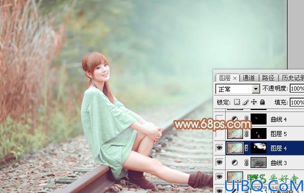 Photoshop图片调色实例教程:给铁轨上自拍的甜美女孩儿调出青绿色