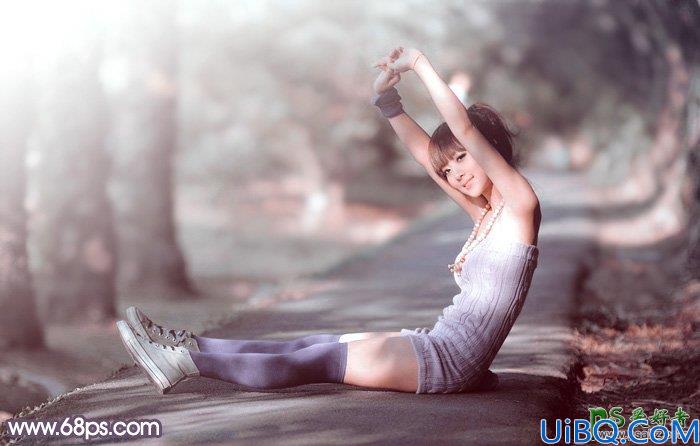 Photoshop给晨曦中的果子美女写真图片调出柔美的中性灰红色效果