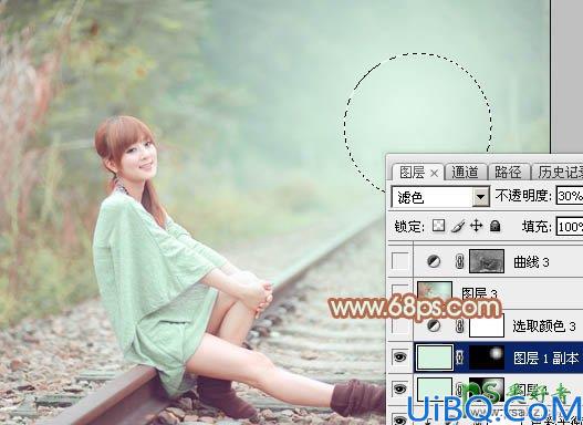 Photoshop图片调色实例教程:给铁轨上自拍的甜美女孩儿调出青绿色