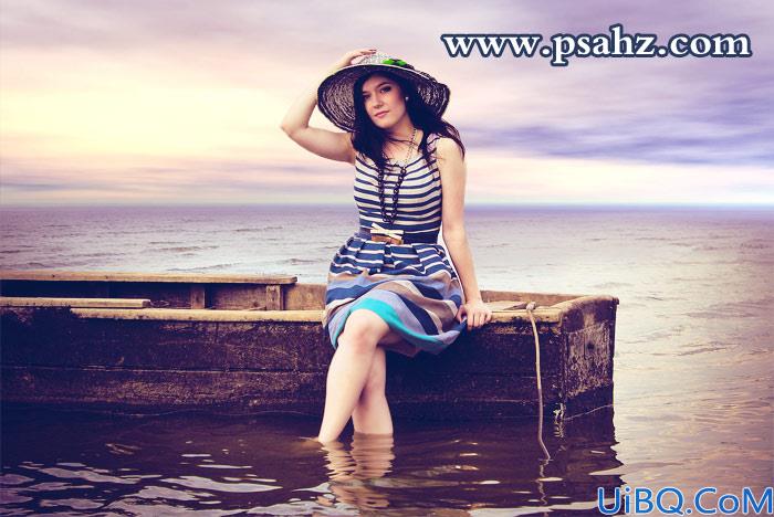 Photoshop图片调色教程：将普通海景欧美少女写真照调出梦幻的日落紫色调