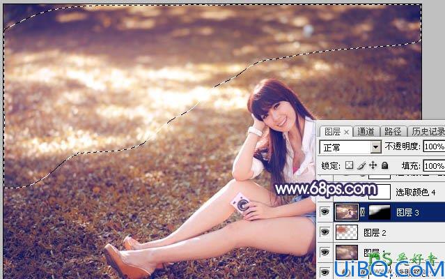 Photoshop图片调色教程：给草地上自拍的女生唯美小清新照片调出秋季蓝红