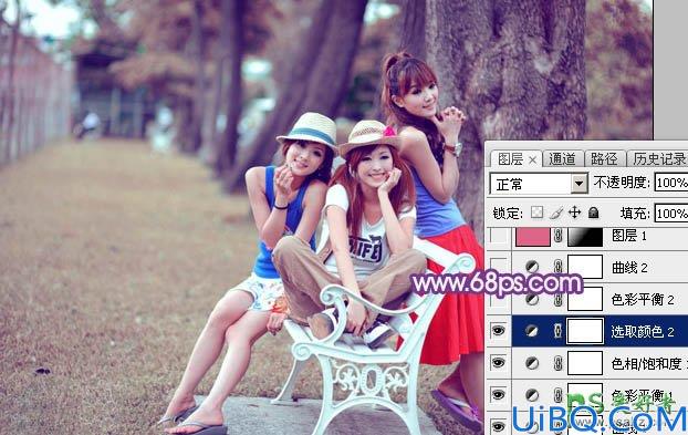 Photoshop调色教程：给唯美可爱的90后妹妹公园写真照调出粉紫色效果