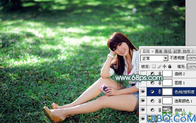 photoshop给草地上自拍的mm高清图片 艺术照片调出唯美的青色效果