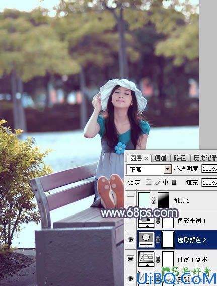 Photoshop给唯美清纯的校园女生照片调出韩系秋季粉蓝色调
