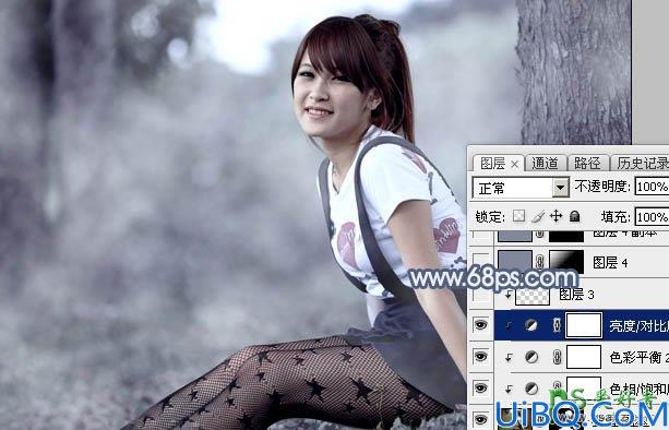 Photoshop给可爱迷人的小女人黑丝性感图片调出唯美的中性蓝色效