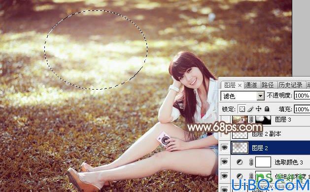 Photoshop给草地上自拍的唯美少女写真照调出阳光淡褐色效果