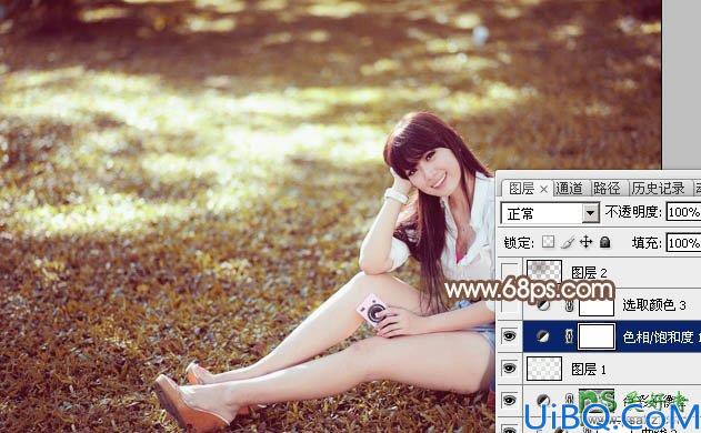 Photoshop给草地上自拍的唯美少女写真照调出阳光淡褐色效果