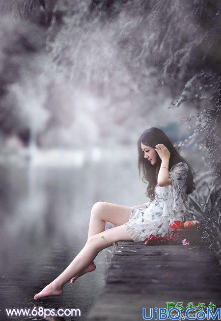 Photoshop美少女艺术照调色实例：给清纯的湖景少女图片调出高雅灰色调