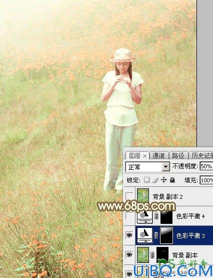 Photoshop给花草甸中的未成年少女写真照调出甜美的韩系粉红色