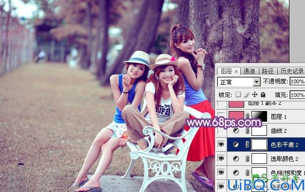 Photoshop调色教程：给唯美可爱的90后妹妹公园写真照调出粉紫色效果