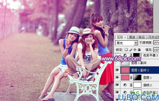 Photoshop调色教程：给唯美可爱的90后妹妹公园写真照调出粉紫色效果