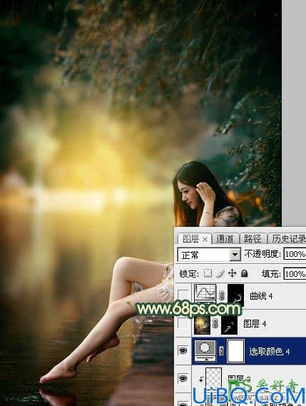 Photoshop女生唯美图片调色：给水塘边自拍的少女清新照片调出唯美的黄色
