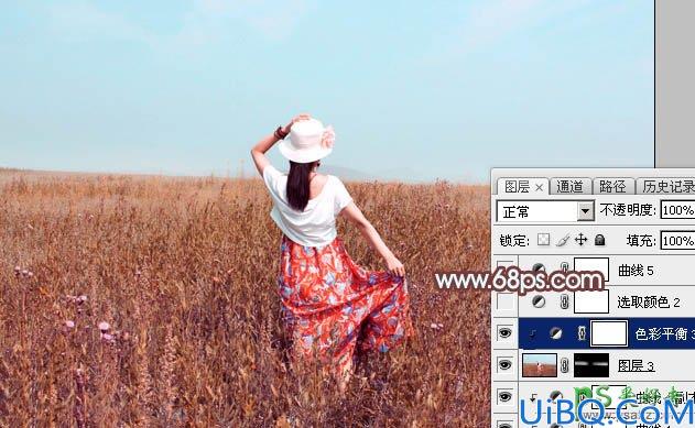 Photoshop给麦田里的美女写真图片调出美美的秋季风景效果，秋景