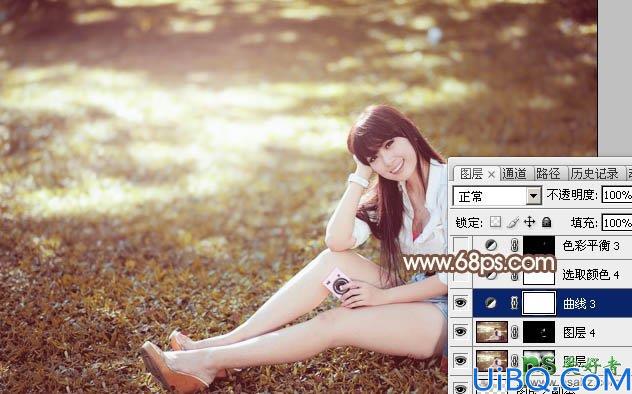 Photoshop给草地上自拍的唯美少女写真照调出阳光淡褐色效果