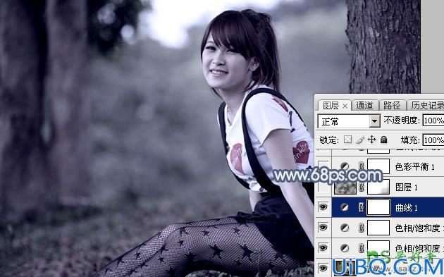 Photoshop给可爱迷人的小女人黑丝性感图片调出唯美的中性蓝色效