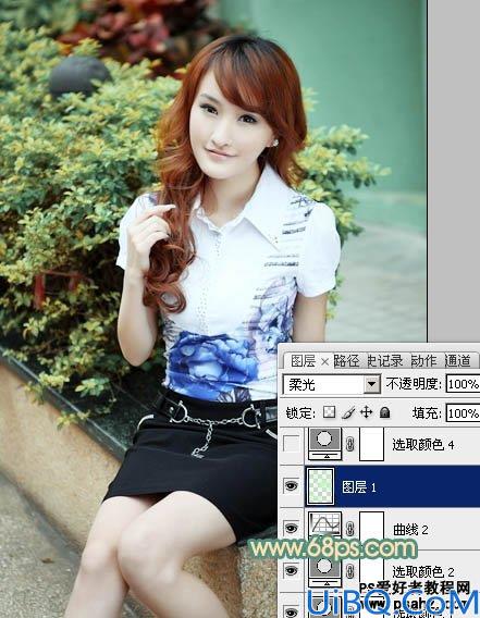 Photoshop调色教程：给花坛边的清秀美女调出甜美的黄绿色