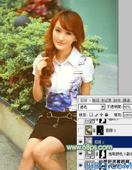 Photoshop调色教程：给花坛边的清秀美女调出甜美的黄绿色