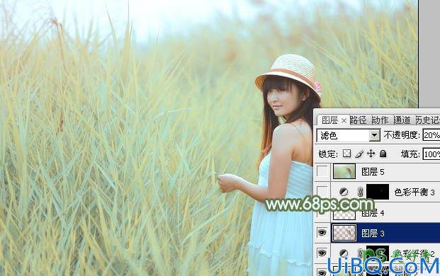 Photoshop调色教程：给芦苇地里青春少女摄影写真照调出青黄色效果