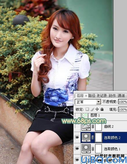 Photoshop调色教程：给花坛边的清秀美女调出甜美的黄绿色