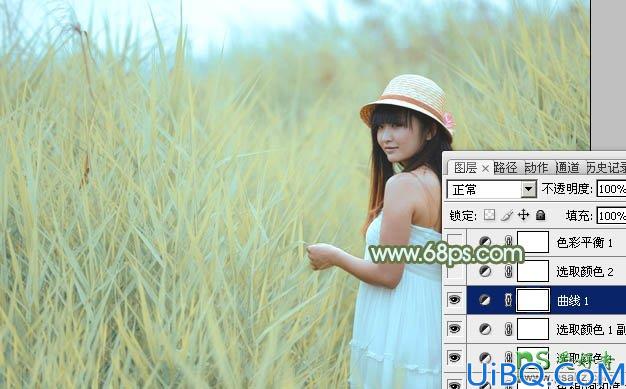 Photoshop调色教程：给芦苇地里青春少女摄影写真照调出青黄色效果
