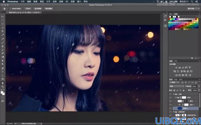 Photoshop给夜景中拍摄的少女头像写真照调出唯美的紫色效果。