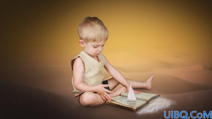 Photoshop趣味合成实例：创意打造在沙漠海洋中看书的小男孩儿场景。