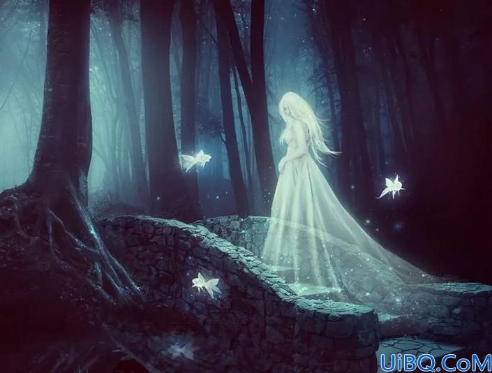 Photoshop经典合成实例：创意打造暗夜森林中的美少女场景，月光下的精灵