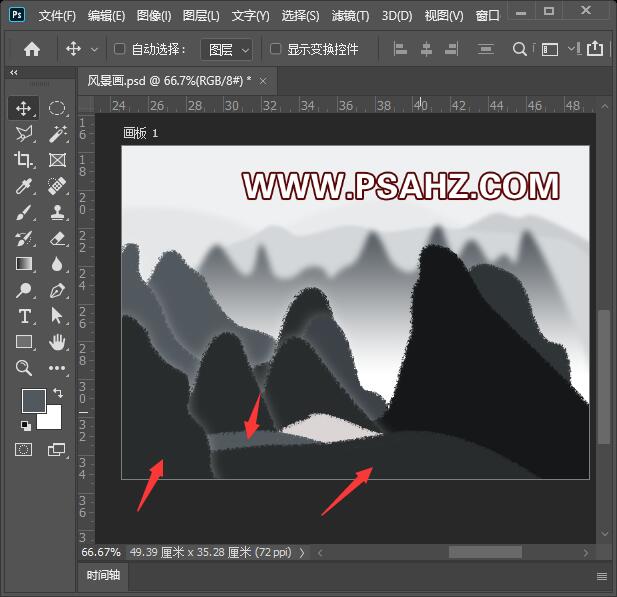 Photoshop鼠绘教程：绘制黑白山水风景画，山水水墨画失量图。