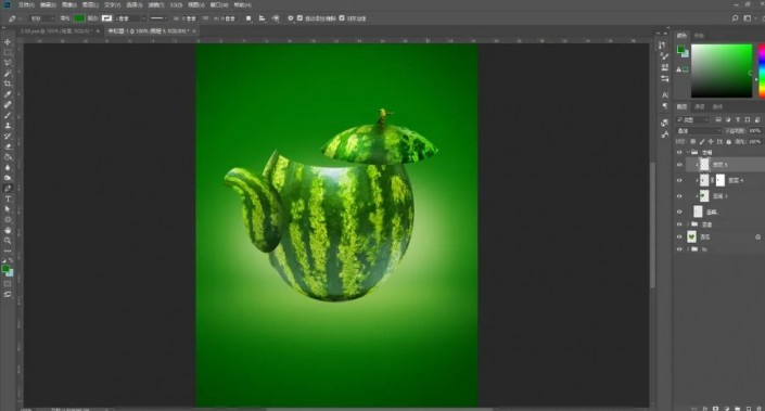 Photoshop创意合成实例：利用合成技术打造一把逼真个性的西瓜茶壶。