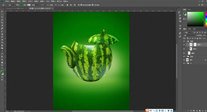 Photoshop创意合成实例：利用合成技术打造一把逼真个性的西瓜茶壶。