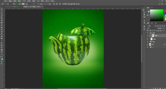 Photoshop创意合成实例：利用合成技术打造一把逼真个性的西瓜茶壶。