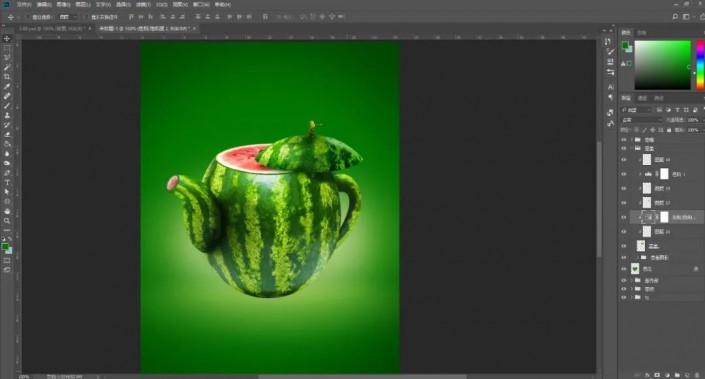 Photoshop创意合成实例：利用合成技术打造一把逼真个性的西瓜茶壶。