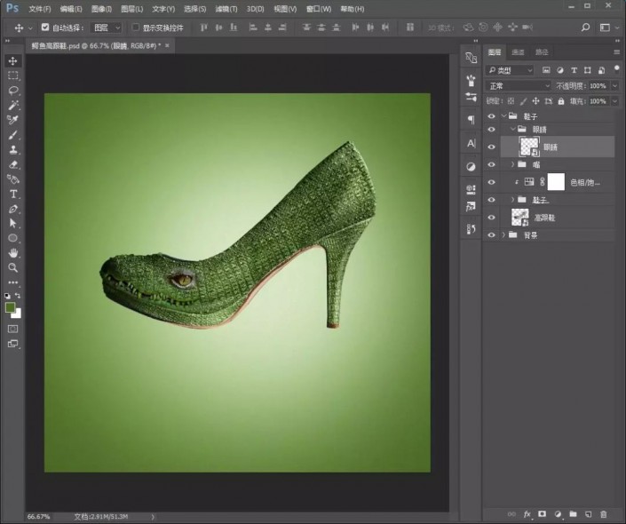 创意合成，制作一款鳄鱼高跟鞋的创意照片