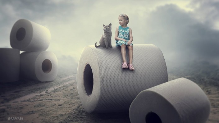 场景合成，在Photoshop里制作合成坐在纸巾上的女孩