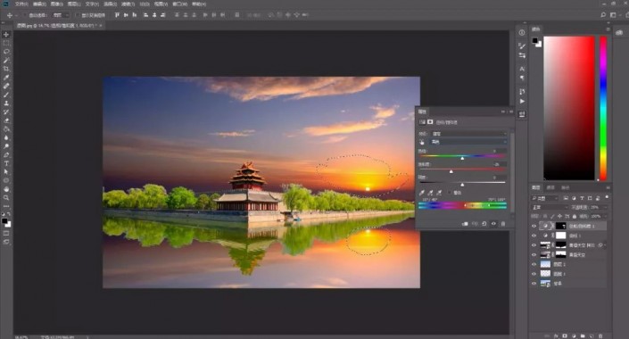 Photoshop抠图换背景教程：给故宫角楼建筑风景照换天空，打造晚霞风格。