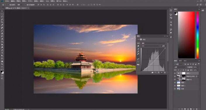 Photoshop抠图换背景教程：给故宫角楼建筑风景照换天空，打造晚霞风格。