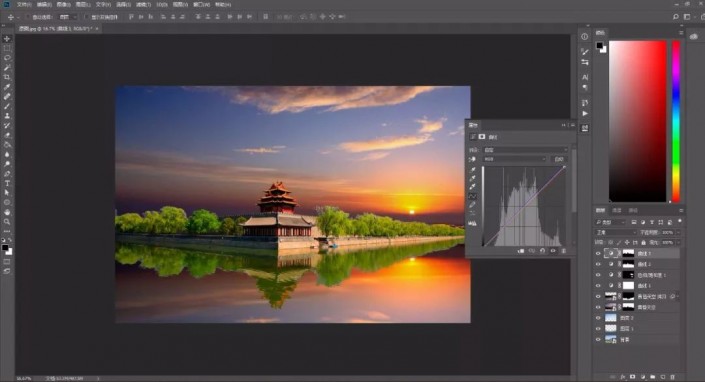 Photoshop抠图换背景教程：给故宫角楼建筑风景照换天空，打造晚霞风格。