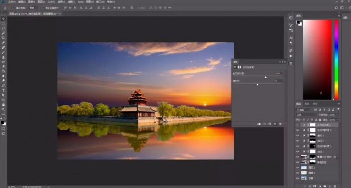 Photoshop抠图换背景教程：给故宫角楼建筑风景照换天空，打造晚霞风格。